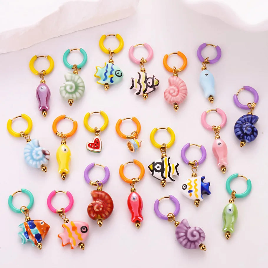 1Pair Trendy Ceramic Hand-painted Tropical Fish Y2K Girl Hoop Earrings Cute Sea Animal Conch Shell Summer Women Aretes Jewelry