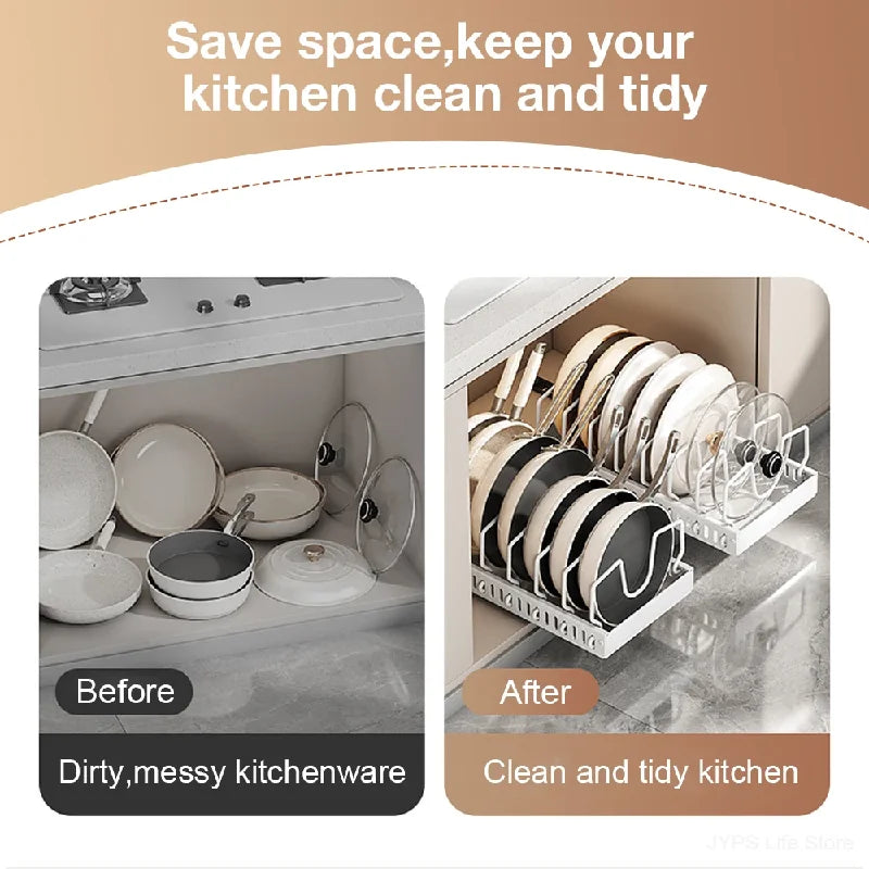Under Cabinet Sliding Pots and Pans Organizer - Pull Out Kitchen Storage Tray with 8 Adjustable Dividers for Lids and Cookware