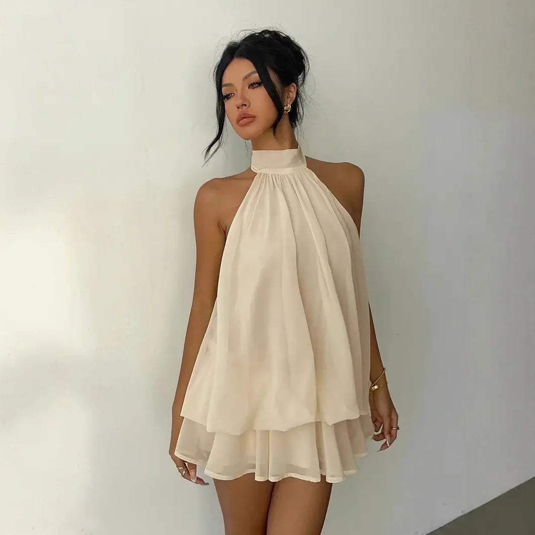 Women's Halter Neck Dress Sweet Backless Tie-Front Chiffon Sheer Mini Skirt Fashion Sexy Y2K Vintage Cute Party Birthday Dress