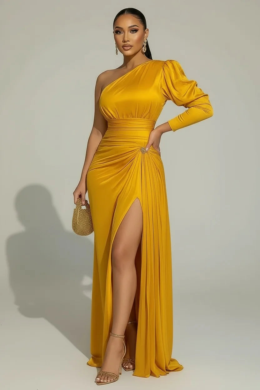 Sexy Formal One Shoulder Evening Dress for Women's Plus Size Split Hem Solid Satin Cocktail Wedding Guest Party Maxi Dress 5