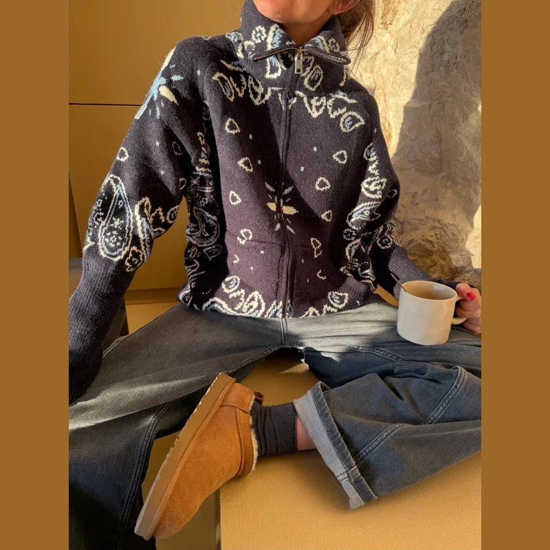 2026 Spring Loose Knit Jacquard Stand Collar Women Cardigan Zipper Full Sleeve Pockets Loose Sweater Fashion Lady Soft Knitwear
