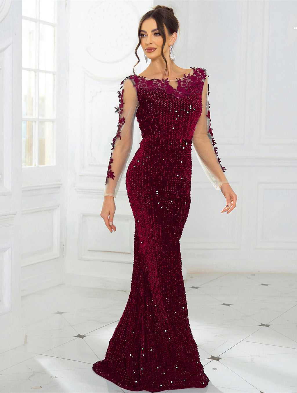 Elegant Lace Sequined Velvet Long Evening Dress Backless Hollow Out Full Sleeved Prom Wedding Party Gown