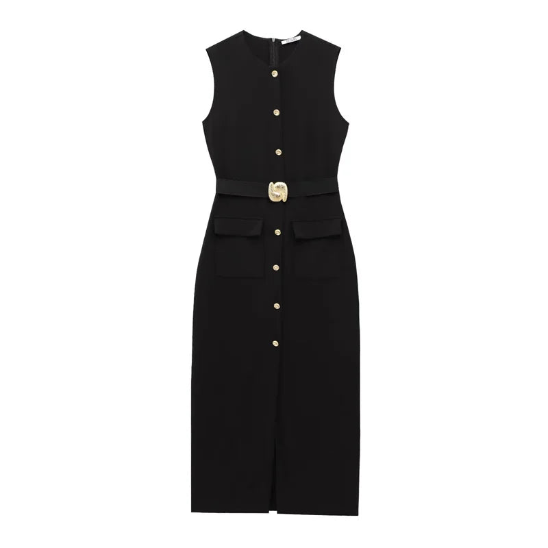 Women's Dress Black Long Dresses Spring Summer 2025 Button Up Sleeveless Sundress Vestidos Elegant Casual Women's Dresses
