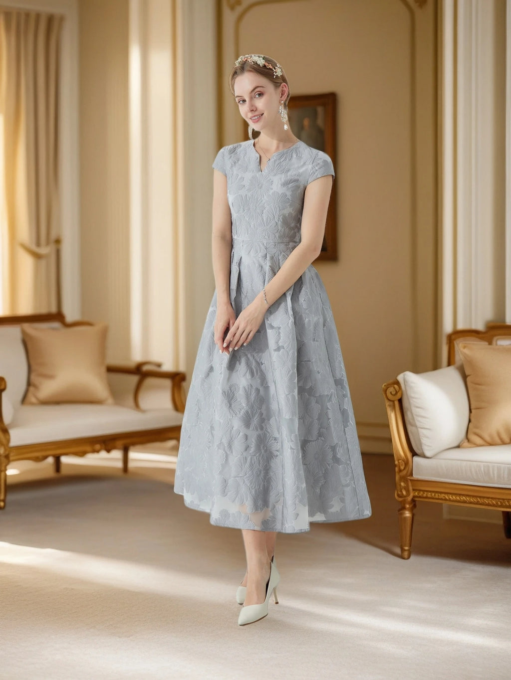 Elegant Gray V-Neck Short-Sleeve Formal Gown with 3D Jacquard Waist-Cinching Design and A-Line Hem Luxury Celebrity Style Dress