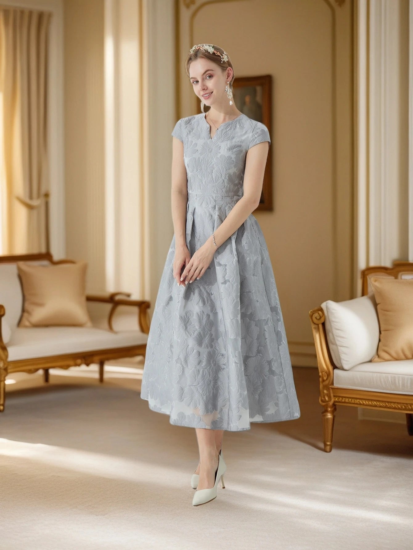 Elegant Gray V-Neck Short-Sleeve Formal Gown with 3D Jacquard Waist-Cinching Design and A-Line Hem Luxury Celebrity Style Dress
