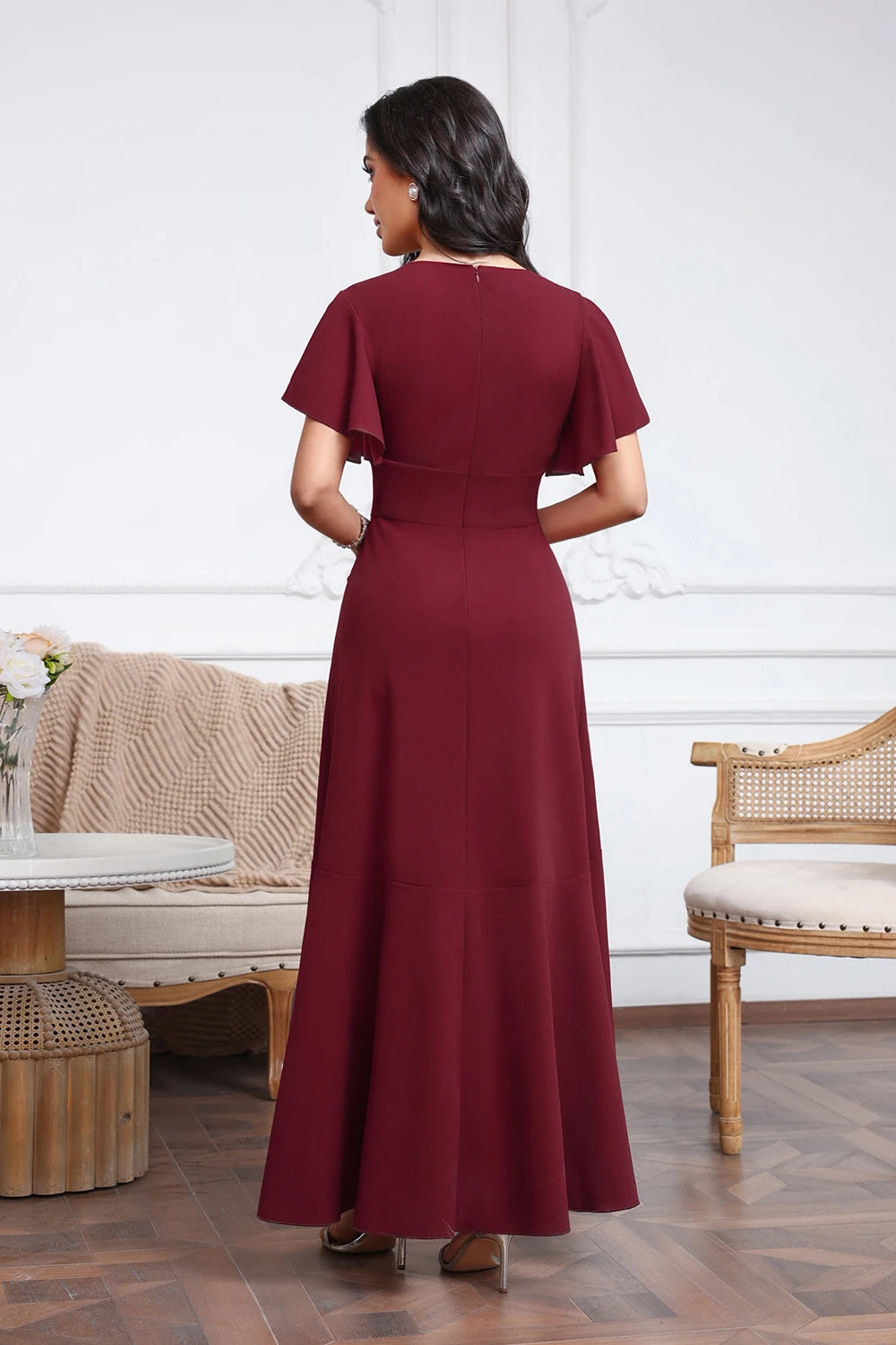 Women's Formal Evening Dresses Tulle Short Sleeve Cross V-Neck Ruffles Prom Dresses Asymmetric High-Low A-Line Split Party Gowns