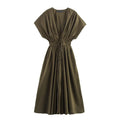 KONDALA 2026 Spring Summer Vintage Women Dress Fashion Single Breasted Sashes Draped V Neck Sleeveless Chic Brown Ladies Dresses