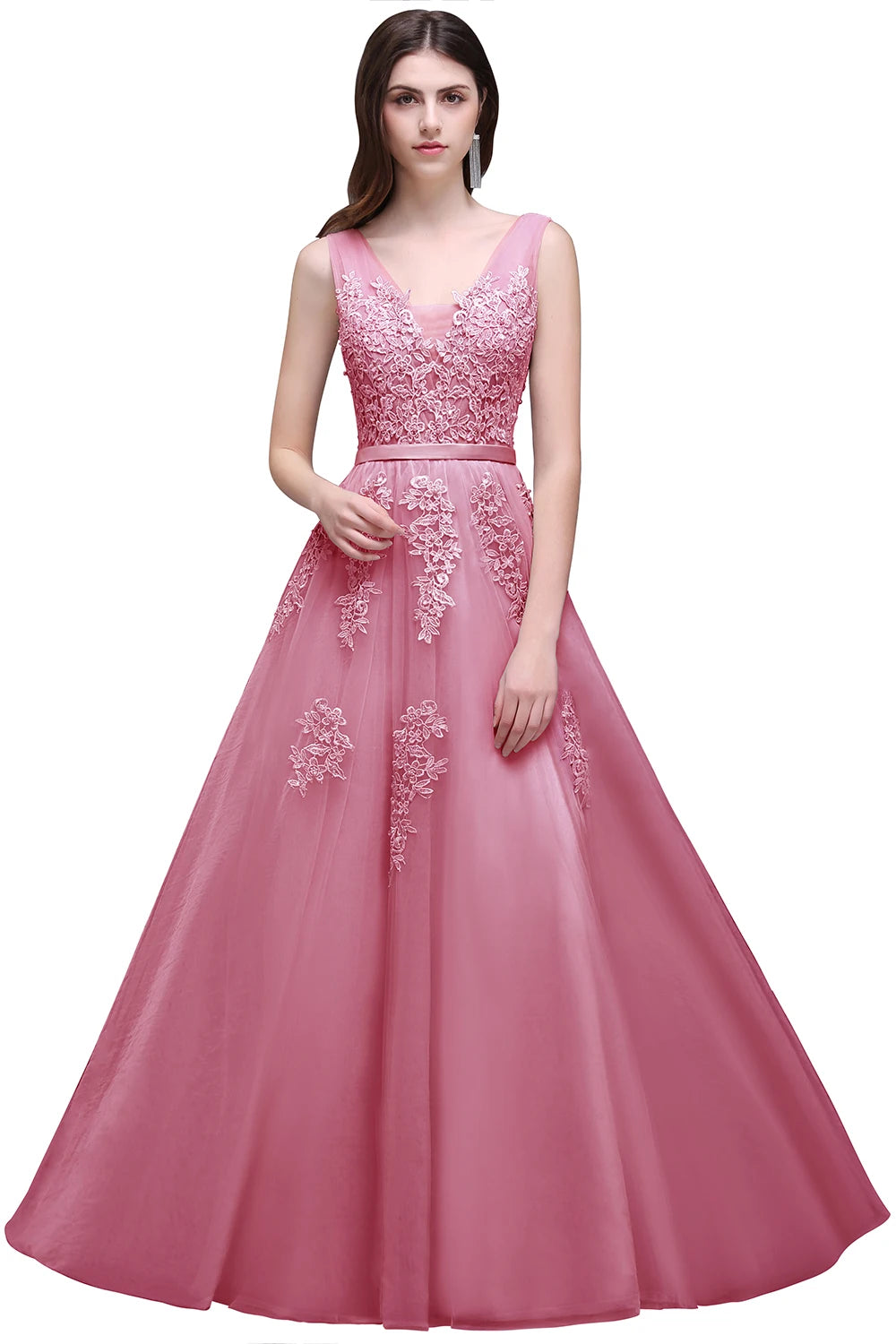 Women Burgundy Evening Dress Lace Appliques Tulle V-Neck Sexy Backless Prom Dresses A-Line Floor-Length Sleeveless Party Vestido