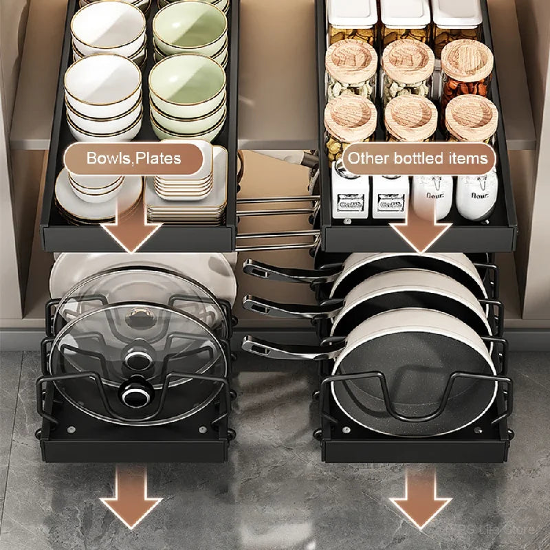 Under Cabinet Sliding Pots and Pans Organizer - Pull Out Kitchen Storage Tray with 8 Adjustable Dividers for Lids and Cookware