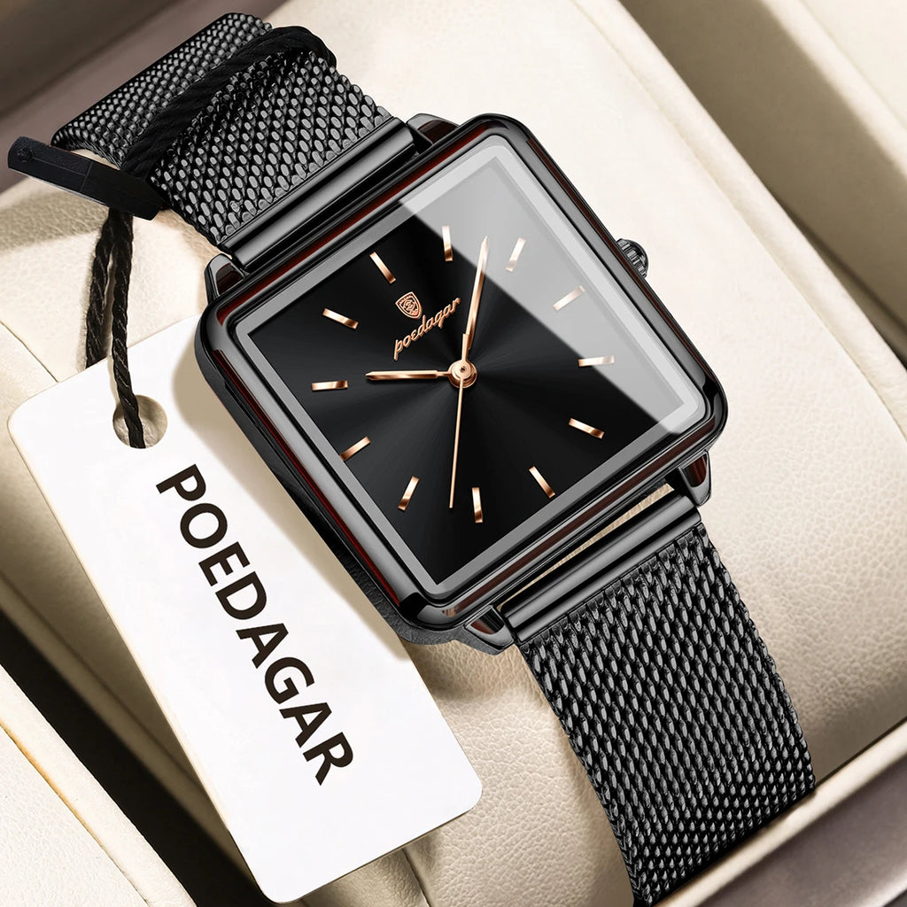 POEDAGAR Fashion Brand Ladies Wristwatch Waterproof Mesh Stainless Steel Woman Watch Elegant Square Quartz Women's Watches Reloj