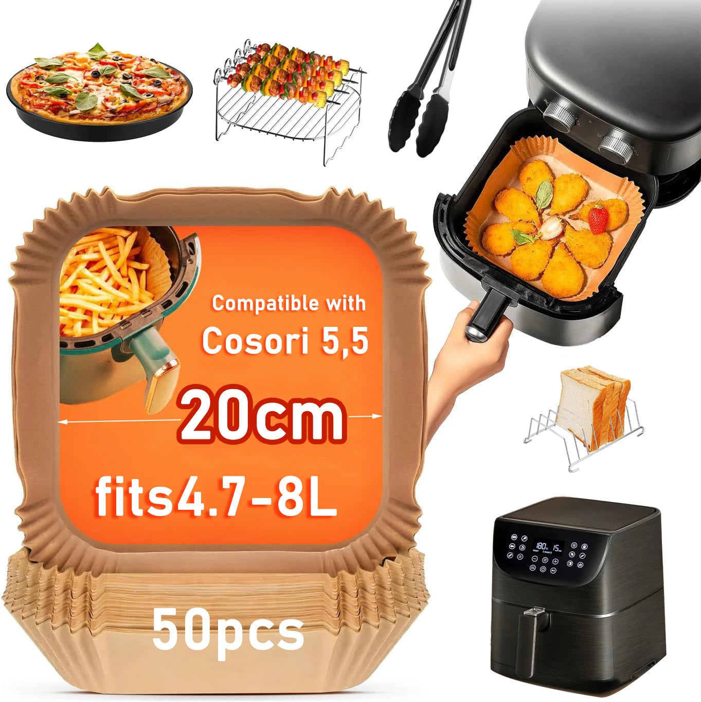 Paper for Air Fryer 20cm Square Air Fryer Accessories for Ninja, Cosori 5.5L, 6L,4.7L,6.5L Oil-Free Air Fryers