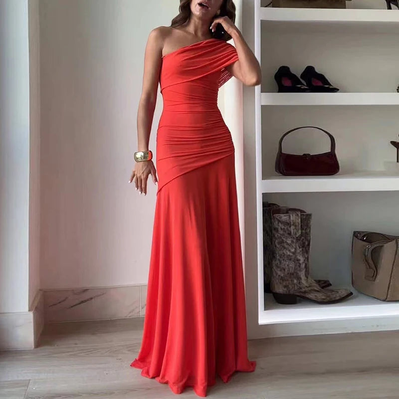 Casual Asymmetrical Dress Summer Slanted Collar High Waist Pleats Long Dress Lady Elegant One Shoulder Sleeve Slim Banquet Dress 5