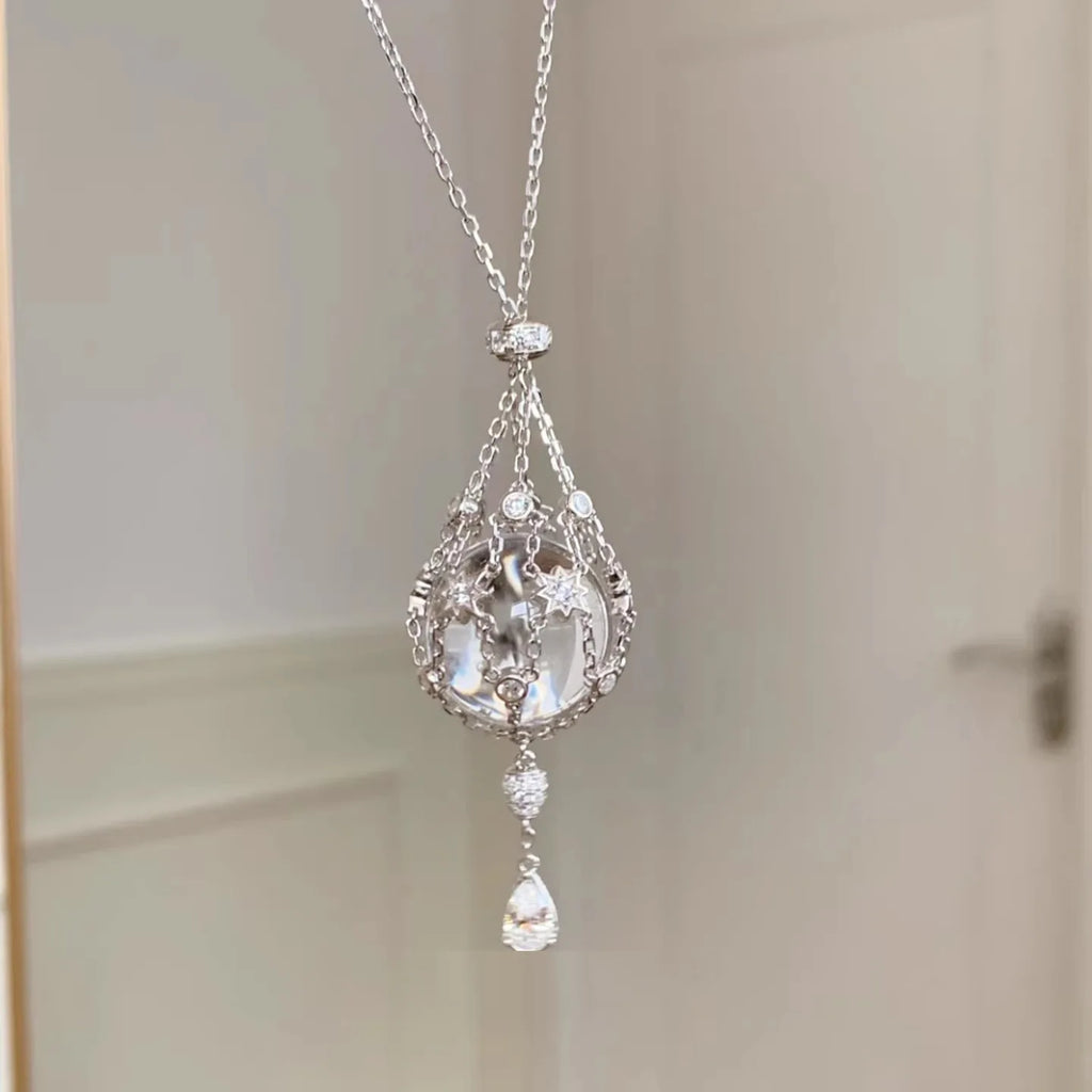 Popular White Crystal Starry Mesh Bag Pendant, Retractable Necklace Accessory, Niche Design, High-end And Versatile For Women