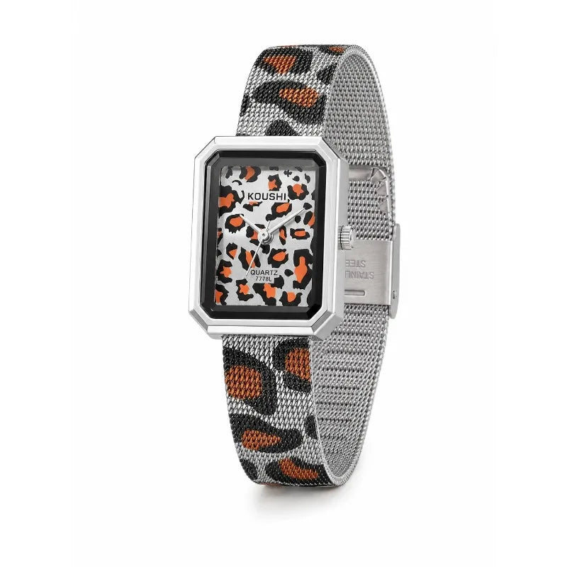 Vintage Leopard Print Square Women Quartz Watch Luxury Steel Mesh Band Ladies Wristwatch Fashion Jewelry Gift for Women Girls