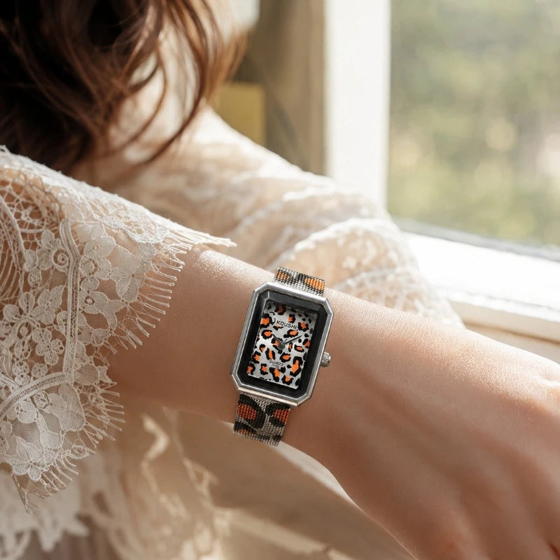 Vintage Leopard Print Square Women Quartz Watch Luxury Steel Mesh Band Ladies Wristwatch Fashion Jewelry Gift for Women Girls