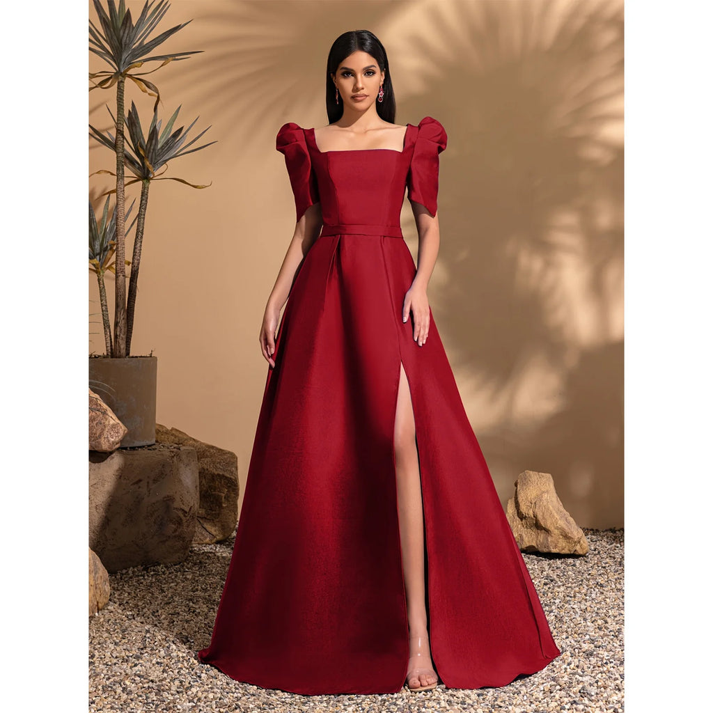 Square neck princess sleeve satin slit gown, pleated lace trim party dress