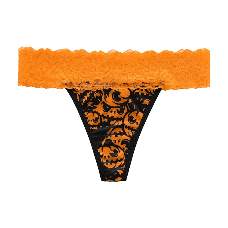 Low Waist Halloween Pattern Design Orange Ice Silk Lace Underwear Knickers Bonded No Show Women Seamless Panties