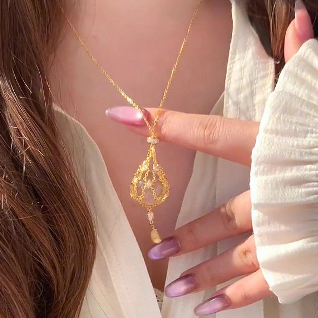 Popular White Crystal Starry Mesh Bag Pendant, Retractable Necklace Accessory, Niche Design, High-end And Versatile For Women