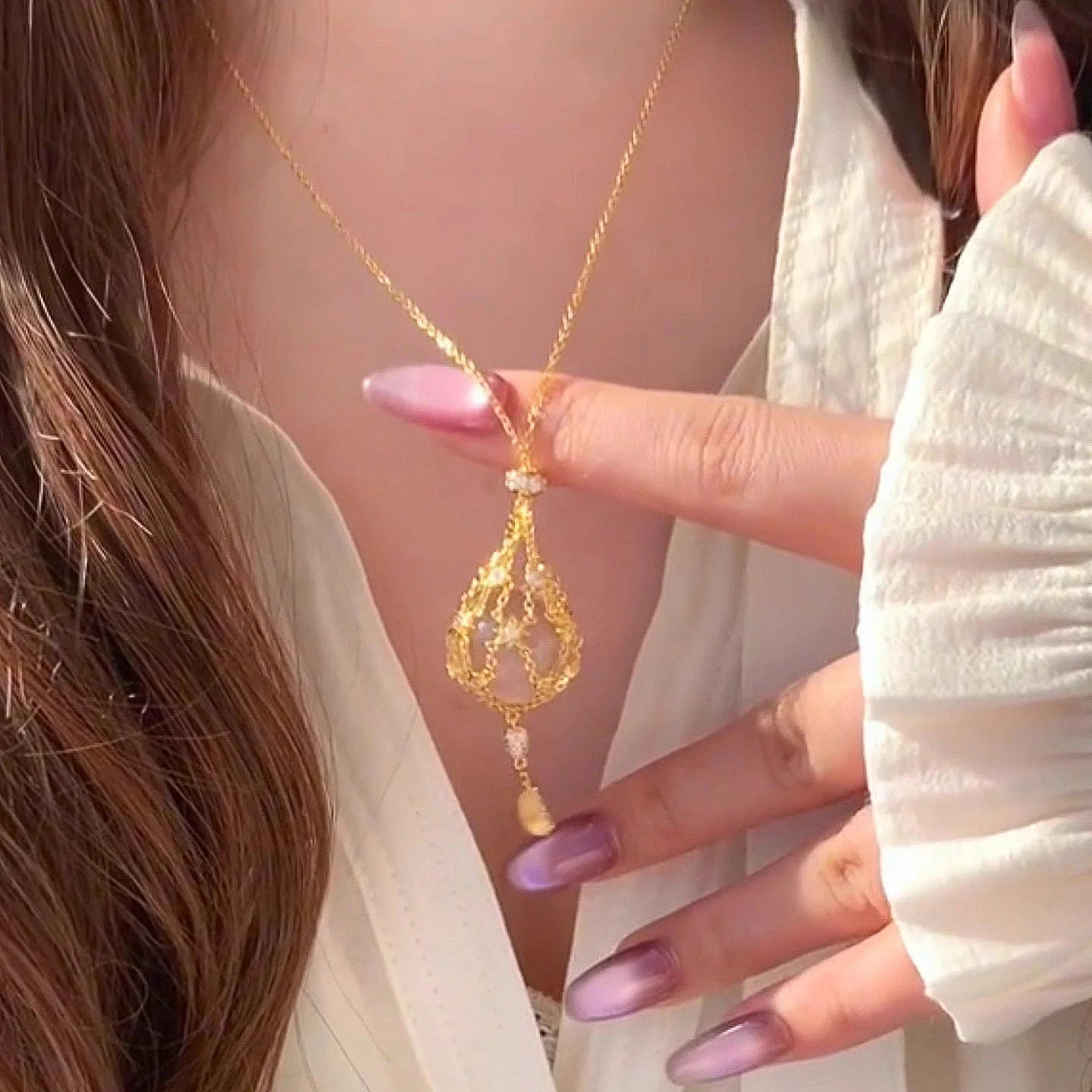 Popular White Crystal Starry Mesh Bag Pendant, Retractable Necklace Accessory, Niche Design, High-end And Versatile For Women