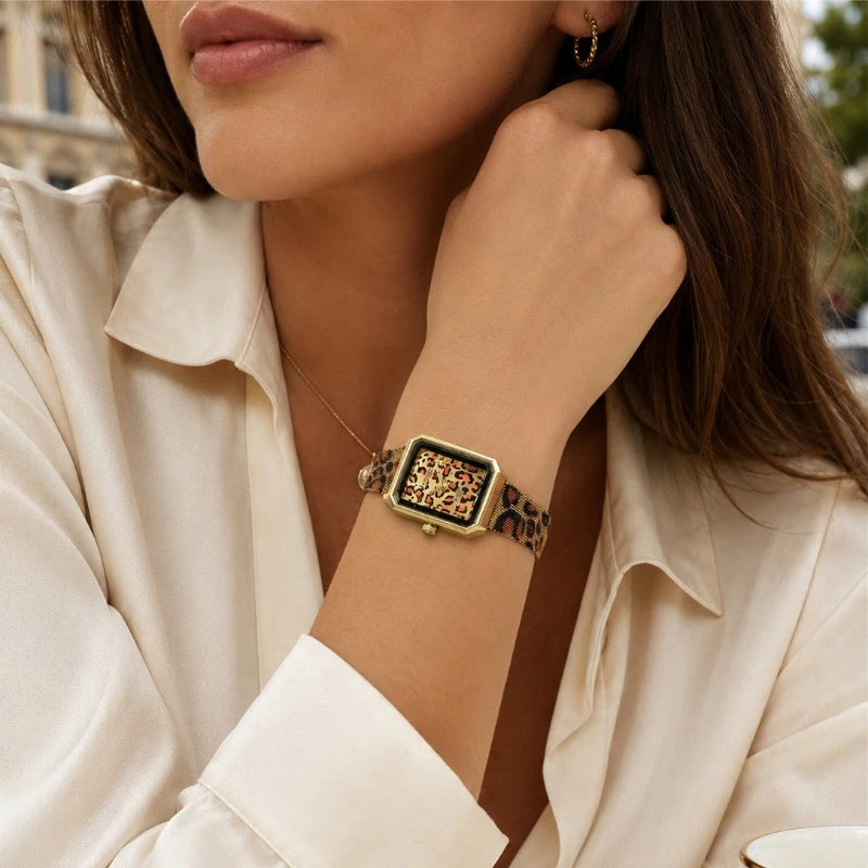 Vintage Leopard Print Square Women Quartz Watch Luxury Steel Mesh Band Ladies Wristwatch Fashion Jewelry Gift for Women Girls