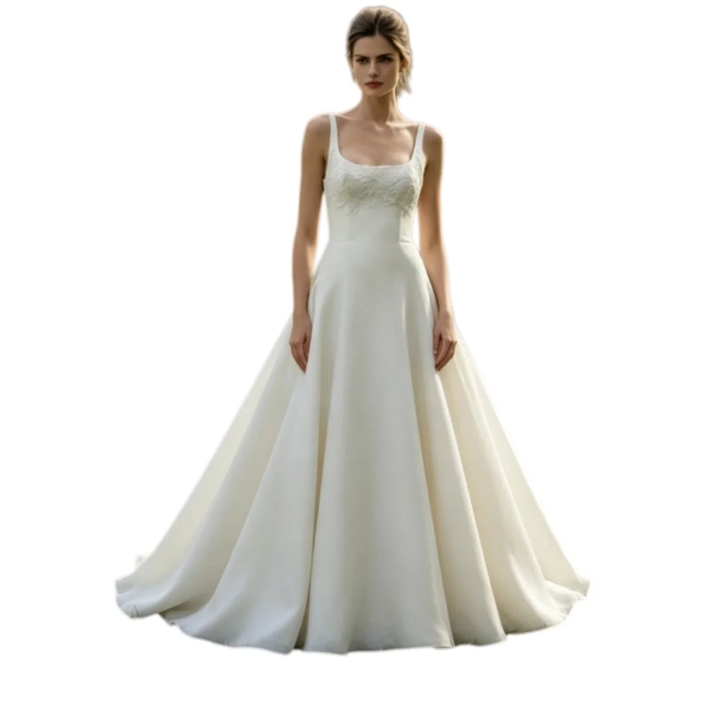 Women Satin A Line Wedding Gowns Sleeveless Square Neck Handmade Lace Applique Wedding Dresses with Sweep Train for Wedding