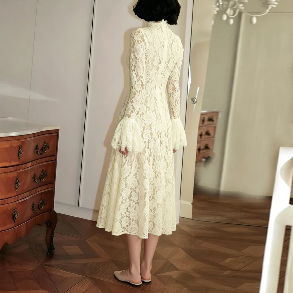 Oligai Women's Vintage Romantic Lace Maxi Dress Flared Long Sleeves High Waist A-Line Gown for Wedding Evening Party Dress