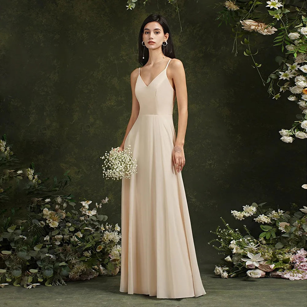 New Long Formal Bridesmaid Dress Evening Dresses With V Neck Elegant Sleeveless Lace Back Party Prom Gowns Robe De Soiree Longue