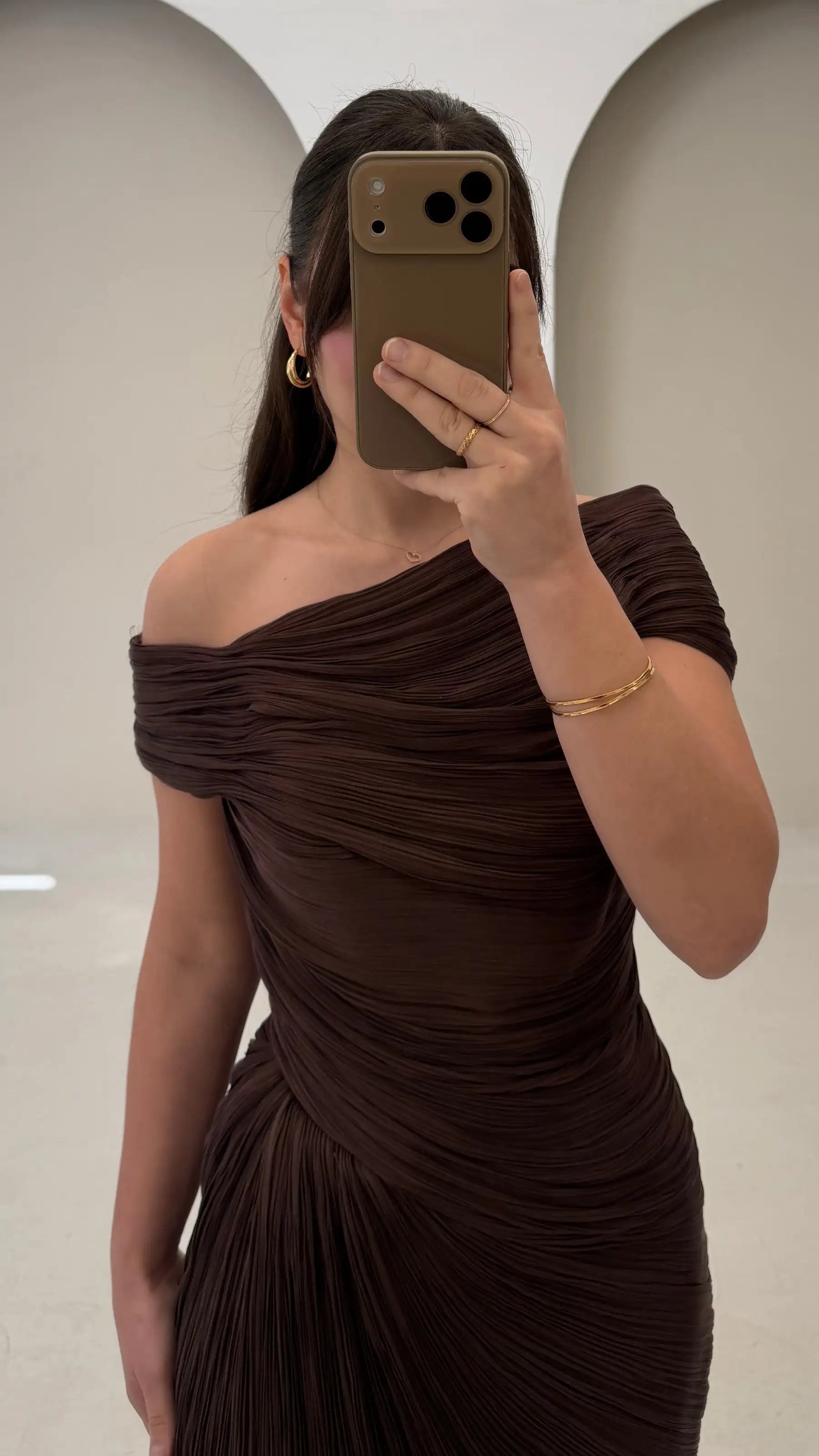 Sharon Said Dubai Brown Off Shoulder Long Evening Dresses Ruched Chiffon Mermaid Women's Formal Party Gowns SF364 Customized 99