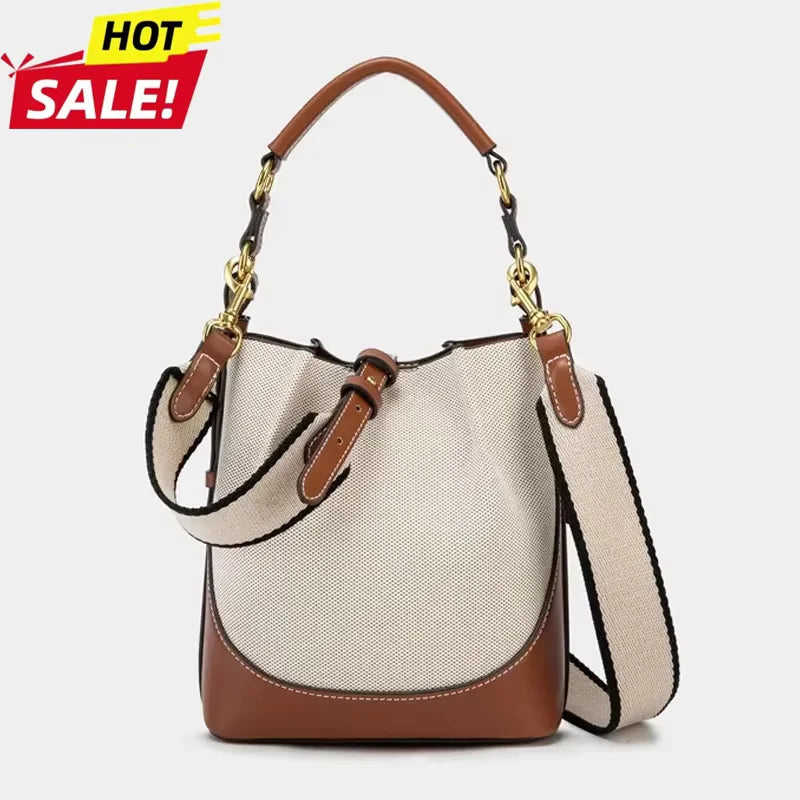 New Women's Large Capacity Bucket Bags with Wide Shoulder Strap Single Shoulder Handbag Drawstring Handheld Crossbody Bags