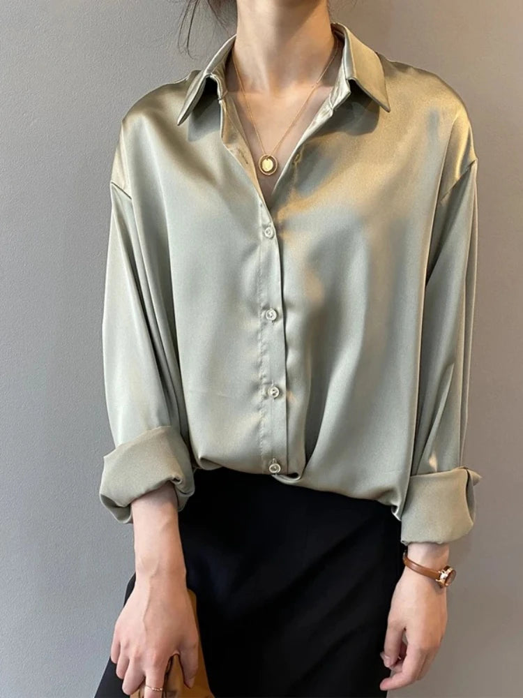 2026 Elegant Satin Loose Women Shirt Spring Turn-down Collar Ladies Blouse Autumn Vintage Casual Button Silk Tops
