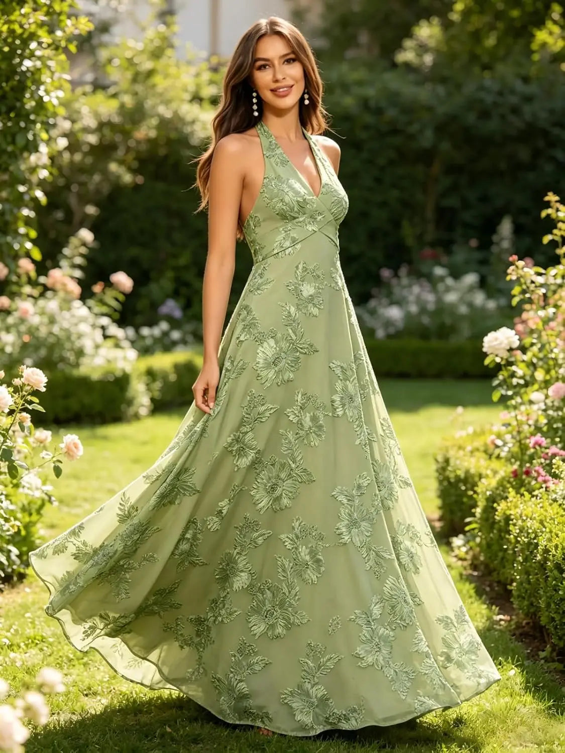 Halter V Neck Floral Lace Appliques Maxi Formal Dresses A Line Long Evening Gowns for Women Beach Wedding Guest Prom Party