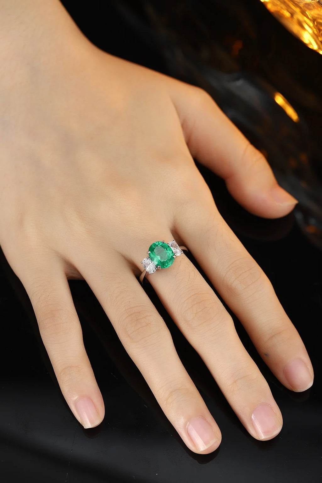 Vintage 3 Stone Ring Lab Grown Emerald Engagement Ring Rhodium Plated 925 Silver for Women Gift Party Wedding Personalized Rings