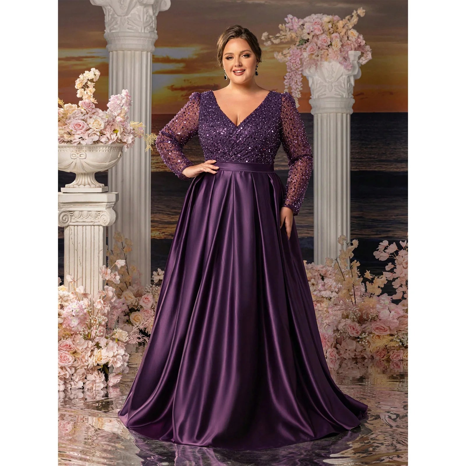 Plus-size sequined satin mother's evening dresses with overlapping neckline, elegant and formal long dress, 2026.