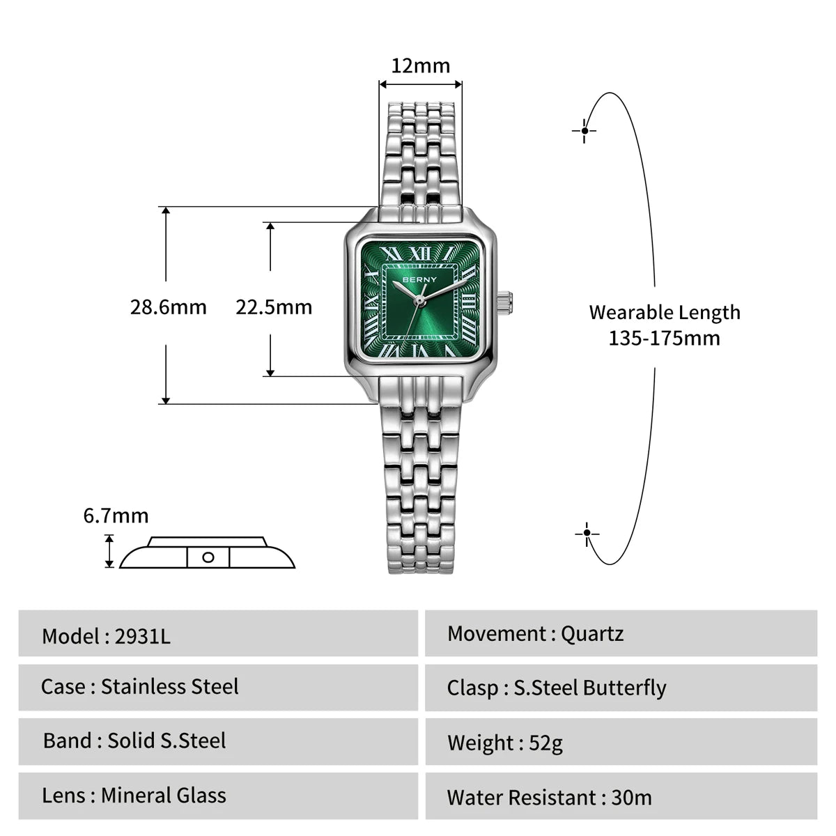BERNY Square Ladies Watch Quartz Fashion Exquisite Roman Numeral Small Women's Watch Waterproof New Jewelry Bracelet Women Watch