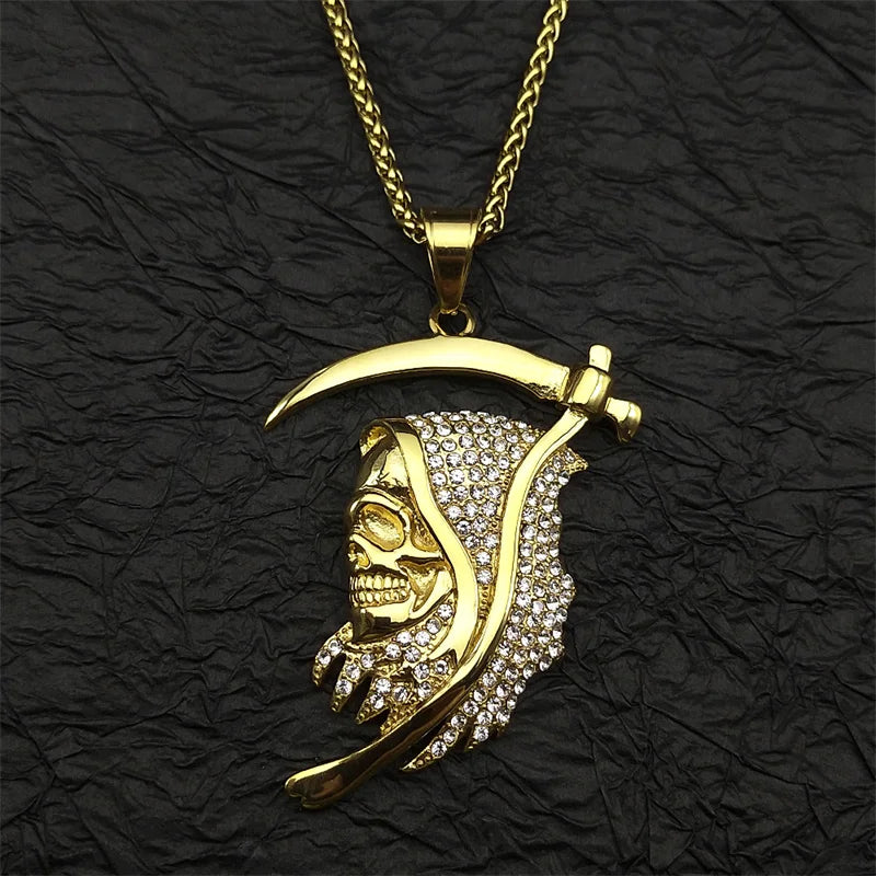 Stainless Steel Rhinestones Saint Death Santa Muerte Grim Reaper Pendant Necklace for Women Men Gold Plated Sickle Skull Jewelry