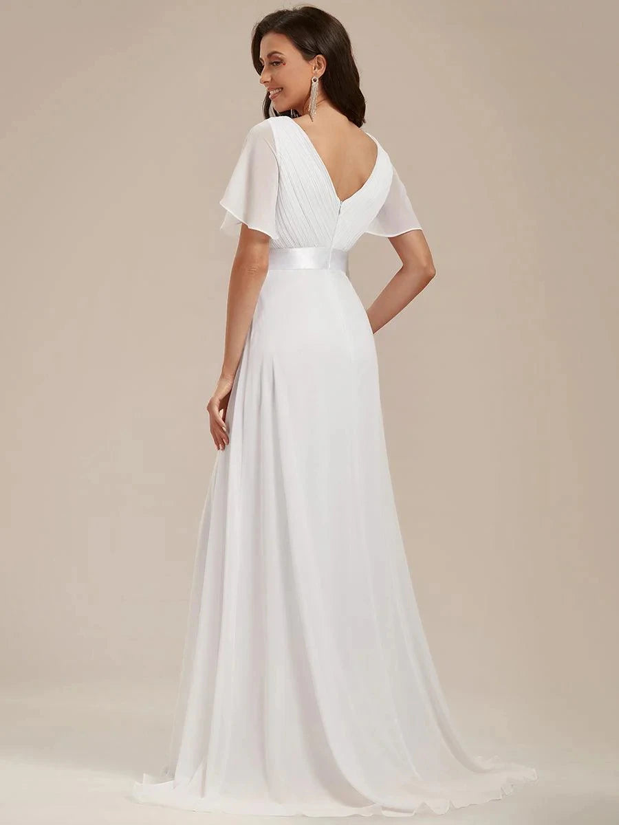 Women Simple Evening Dress Tulle Ruffles Short Sleeve V-Neck Backless Empire Sashes Prom Dress A-Line Maxi Wedding Bridal Gowns