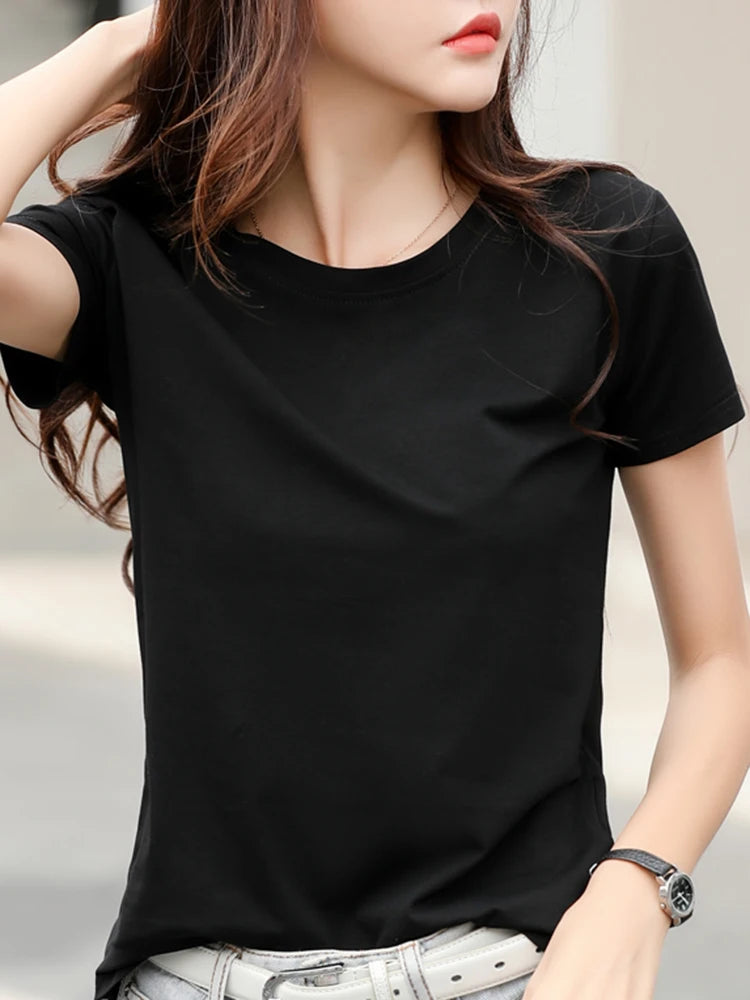 2026 Summer Short Sleeve O-Neck Cotton Pink T-Shirt Women Solid Color Elegant Tshirts Lady Slim Soft Casual Fashion Tops