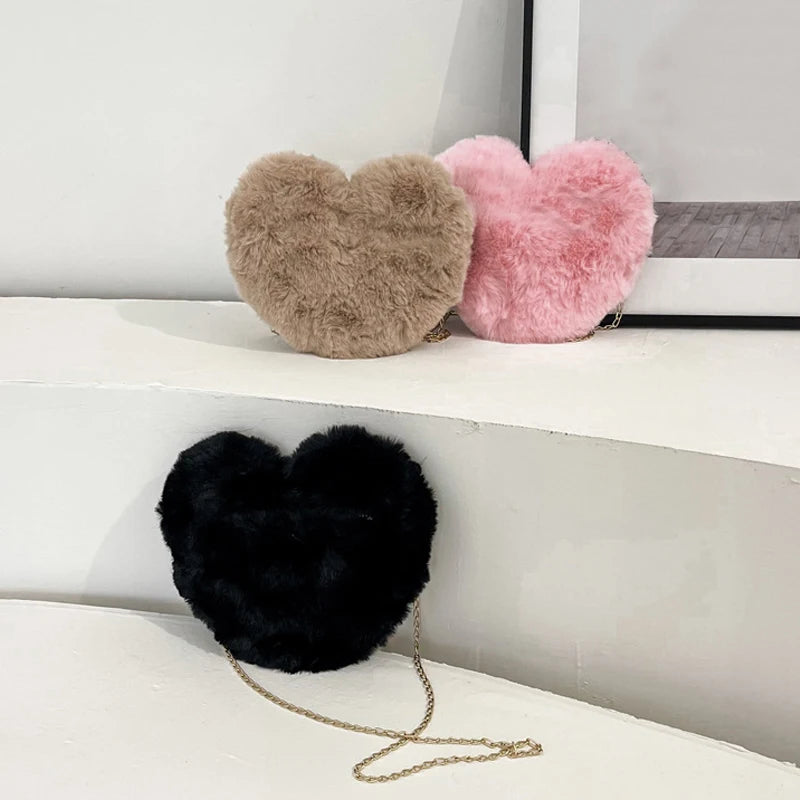 Simple Styles Plush Heart-shaped Handbags Women Handbag Diagonal Crossbody Bag Peach Heart Versatile Fashion Wallet