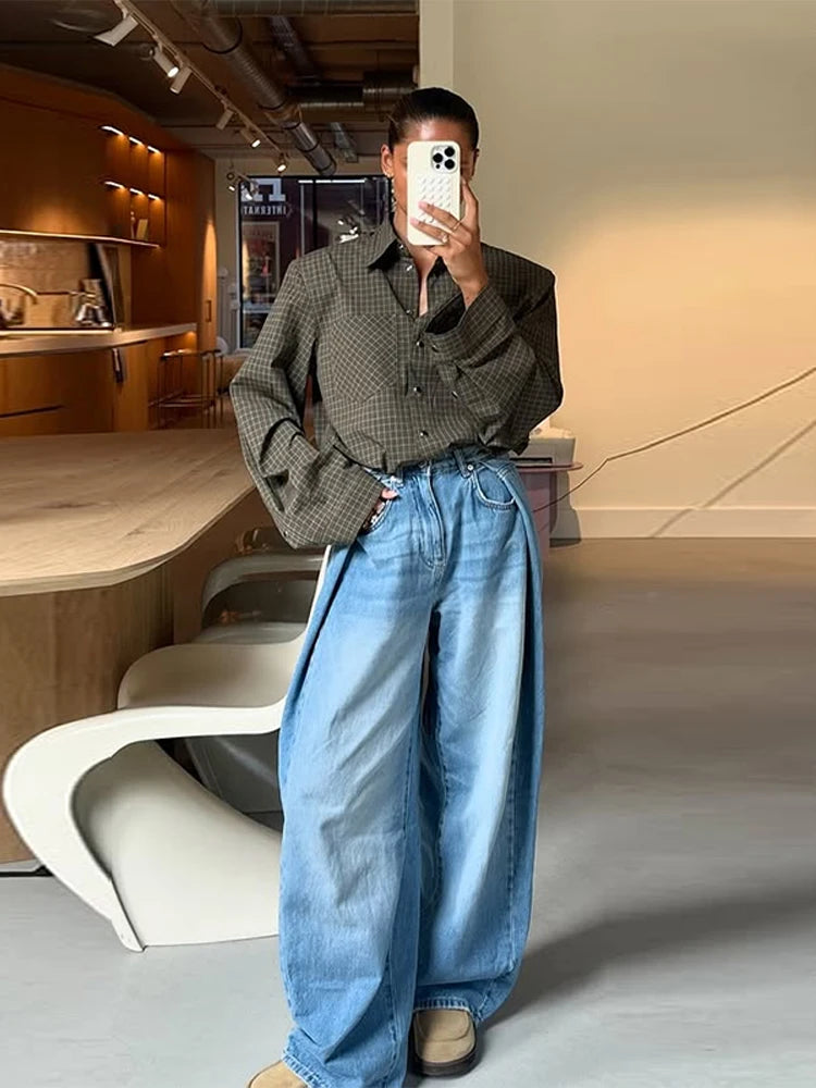 2026 Spring Plaid Women's Shirt Loose Long Sleeve Single Breasted Turn-down Collar Female Top Chic Streetwear Office Commute