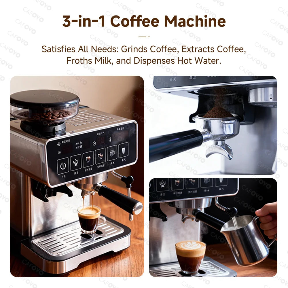 CAFOVO E136 3-in-1 20Bar Espresso Machine with Grinder and Steam Wand PID Temperature Control Coffee Maker for Home Barista 220V