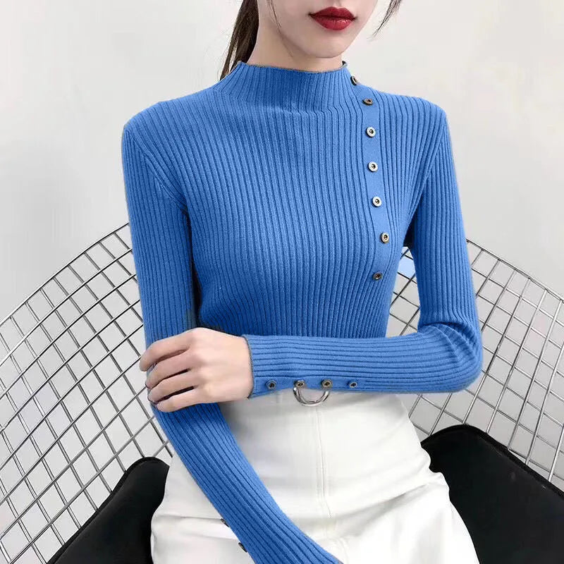 2026 Autumn Knitted Turtleneck Sweaters Women Solid Knitted Female Cotton Soft Elastic Color Slim Pullovers Button Full Sleeve