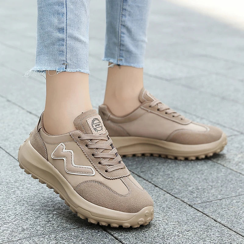 Women's Fashionable Thick-Soled Casual Shoes, Pu Leather Cushioned Soft-Soled Women's Trainers, Women's Flats, Suitable for Walking and Commuting