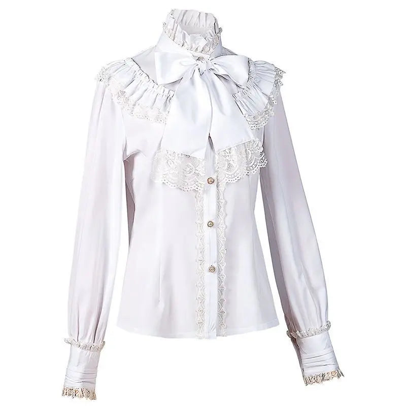 2026 Summer New Arrival Women's Vintage Ruffle Collar Shirt High Neck Lace Trim Button Down Shirt Elegant Gothic Blouse Tops