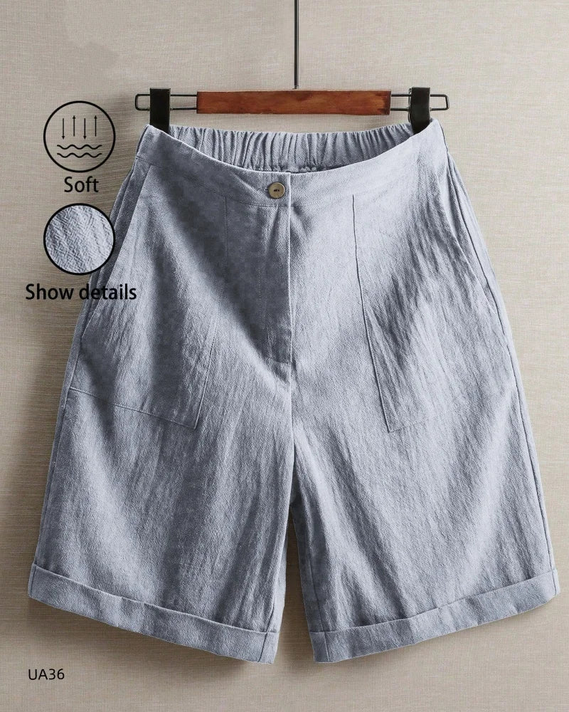 2026 summer new cotton and linen five-piece pants women's high-waisted elastic waist button shorts loose casual shorts
