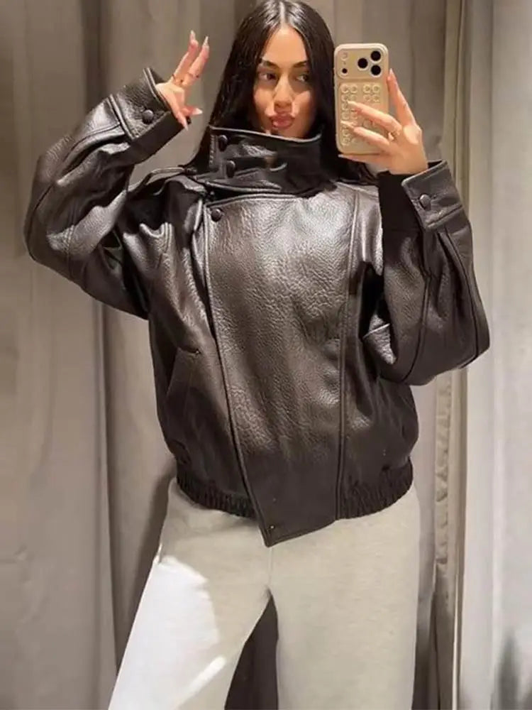 2026 Spring Women's Faux Leather Jacket Brown Black Long Sleeve Stand Collar Thick Loose Lady Coat Fashion Motorcycle Streetwear