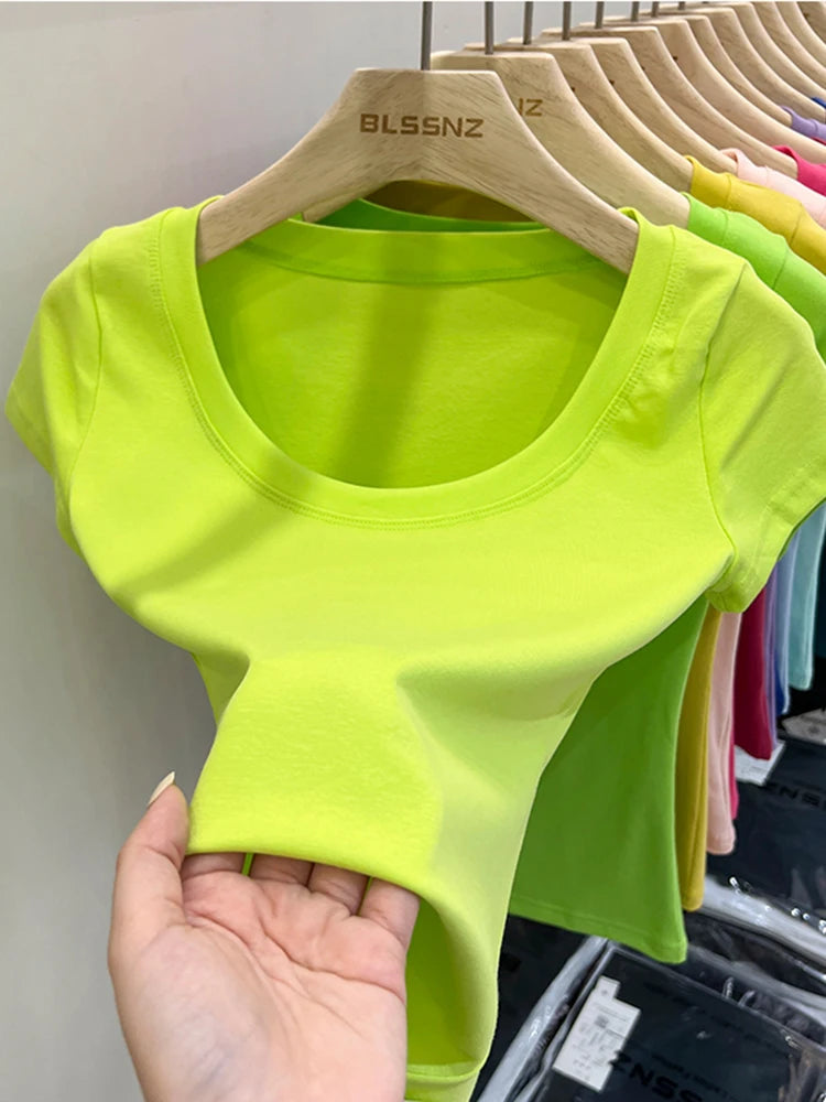 2026 Sexy Square Collar Slim T Shirt Women Cotton Elastic Basic Solid Female Casual Tops Short Sleeve Thin T-shirts See Through