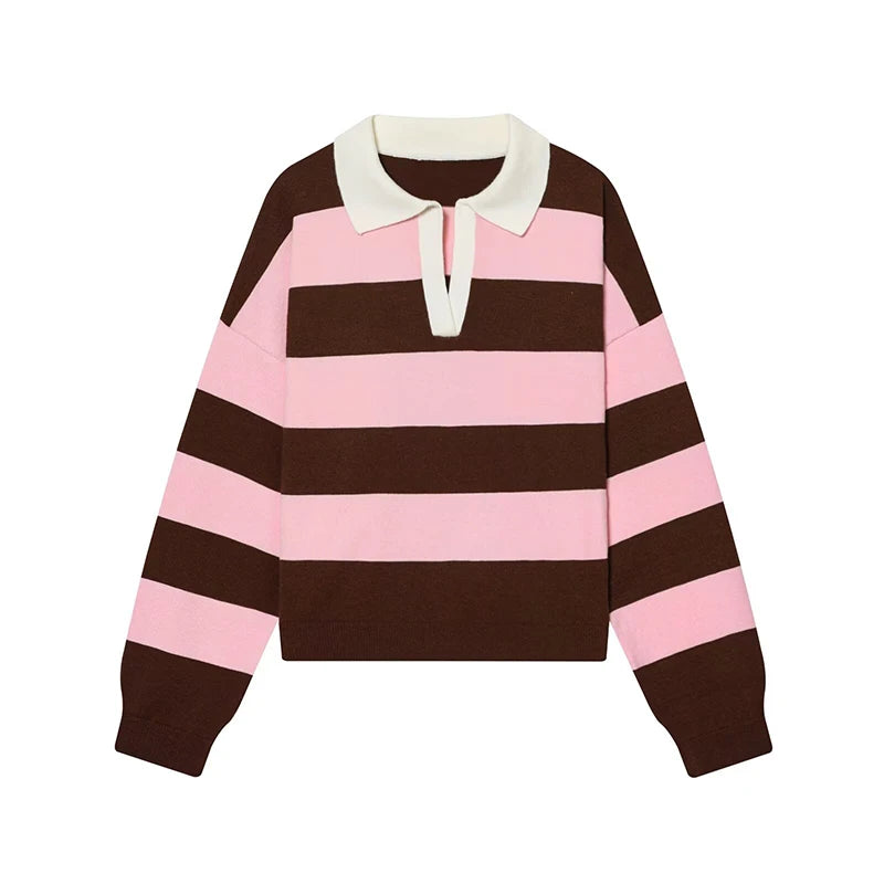 Women's 2026 New Knitted Striped Sweater Polo neck Pullover Spring Fashion Loose Elegant Warm Young Women Sweater Street Blouses