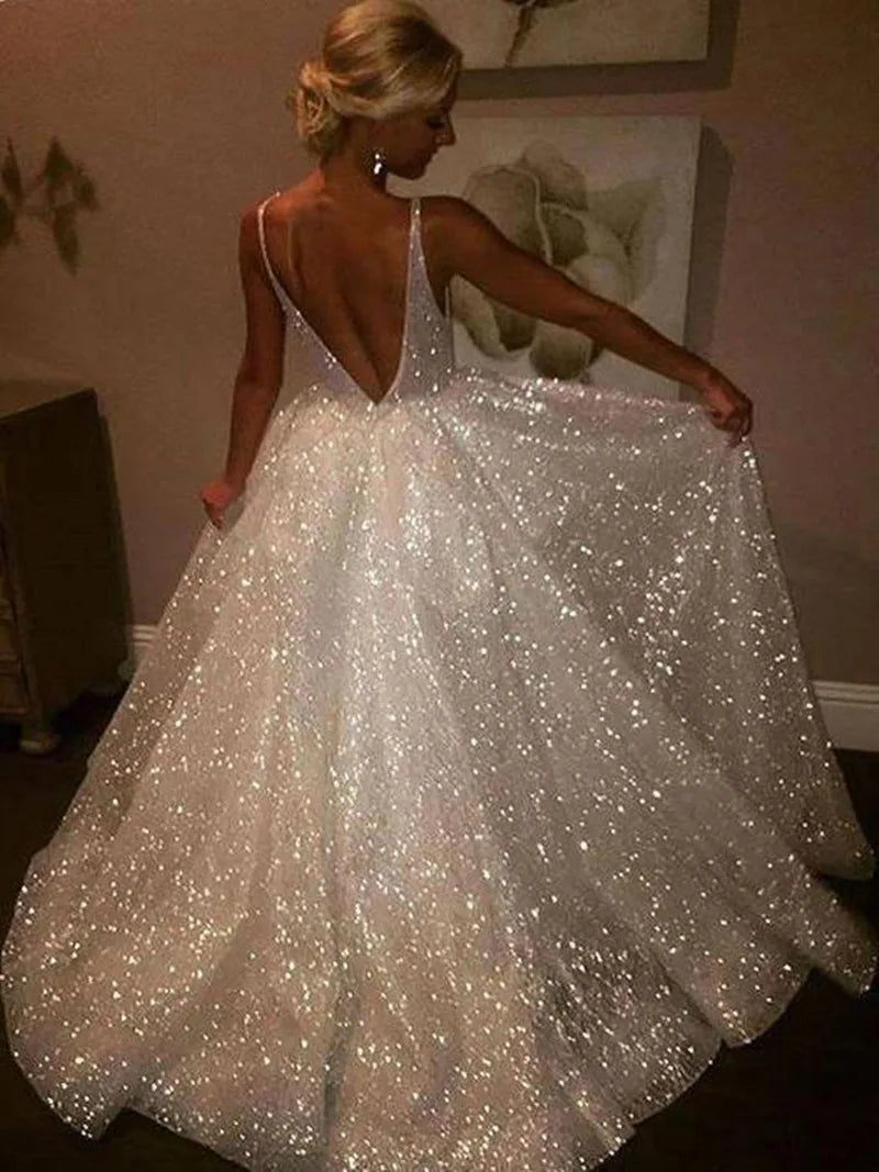 Glitter Women's Wedding Dress V Neck Wedding Dresses Bridal Gown Customized Simple Wedding Dress Bridal Beach Wedding Gown