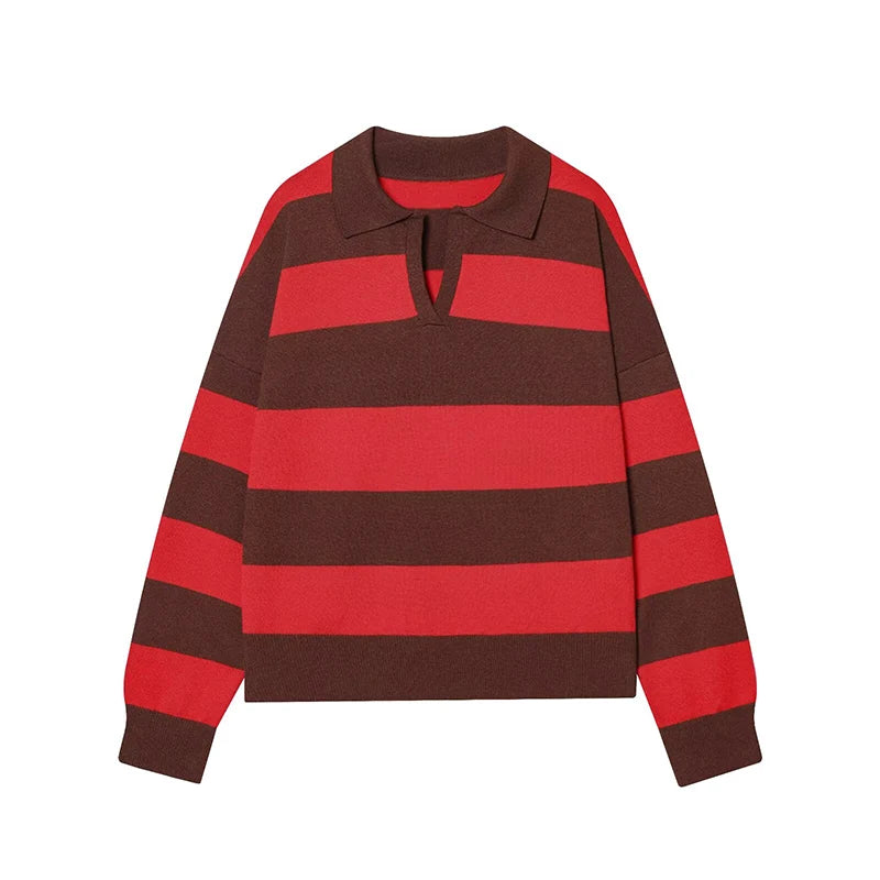 Women's 2026 New Knitted Striped Sweater Polo neck Pullover Spring Fashion Loose Elegant Warm Young Women Sweater Street Blouses