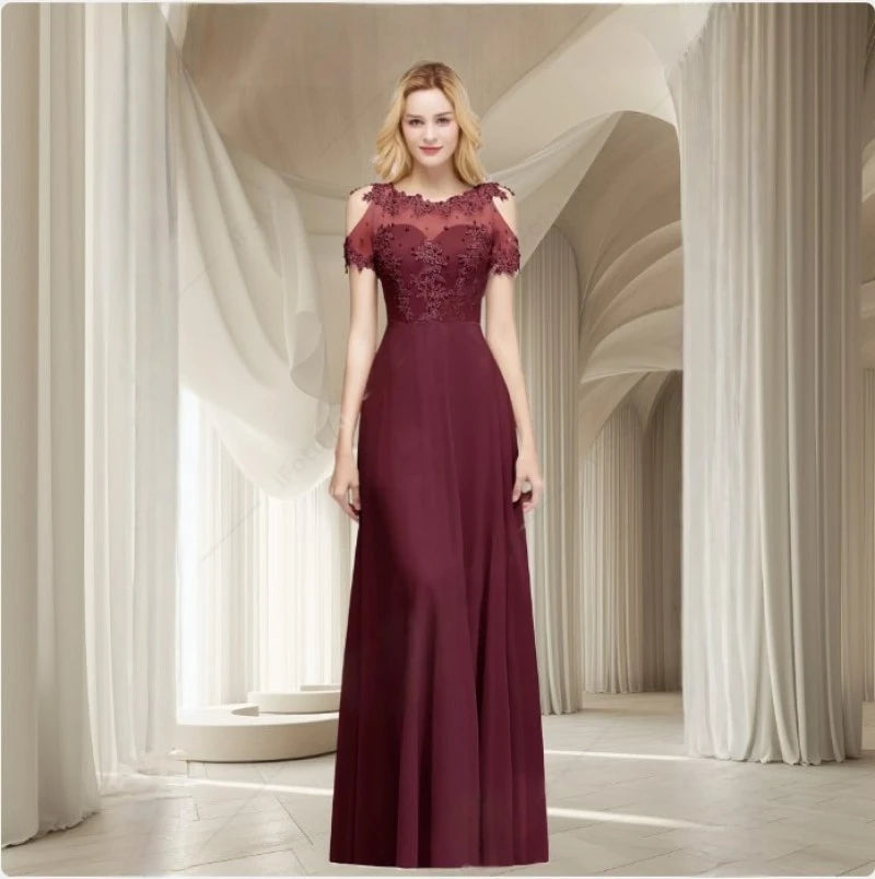 New Burgundy Evening Dresses Illusion Lace Appliques O-Neck Short Sleeve Prom Dress Sheer Back A-Line Long Formal Party Gowns